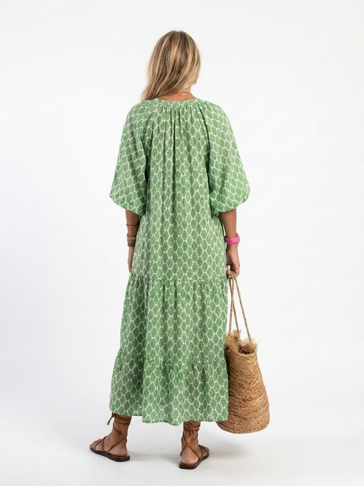 Apolline | Vestito Midi con Scollo a V, Maniche Tre Quarti e Fantasia