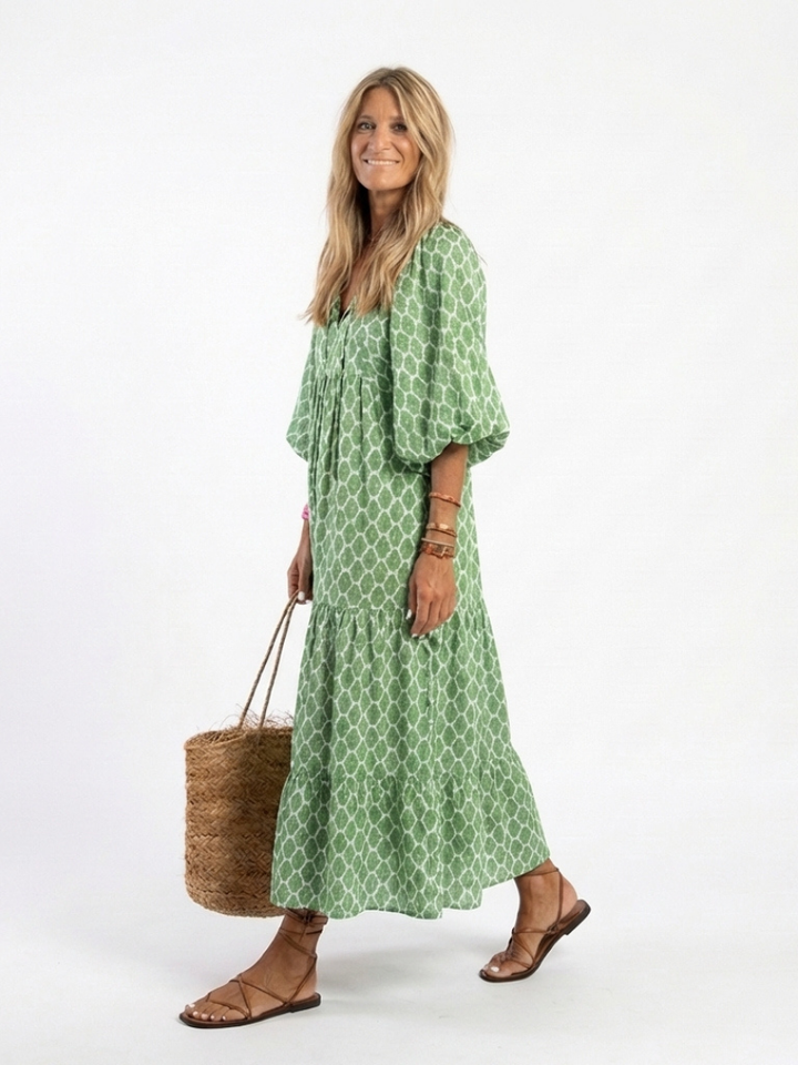 Apolline | Vestito Midi con Scollo a V, Maniche Tre Quarti e Fantasia