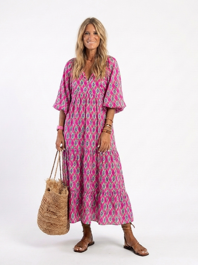Apolline | Vestito Midi con Scollo a V, Maniche Tre Quarti e Fantasia