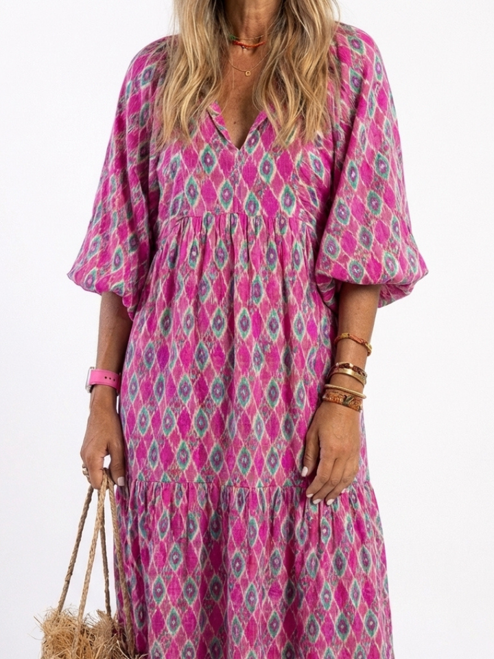 Apolline | Vestito Midi con Scollo a V, Maniche Tre Quarti e Fantasia