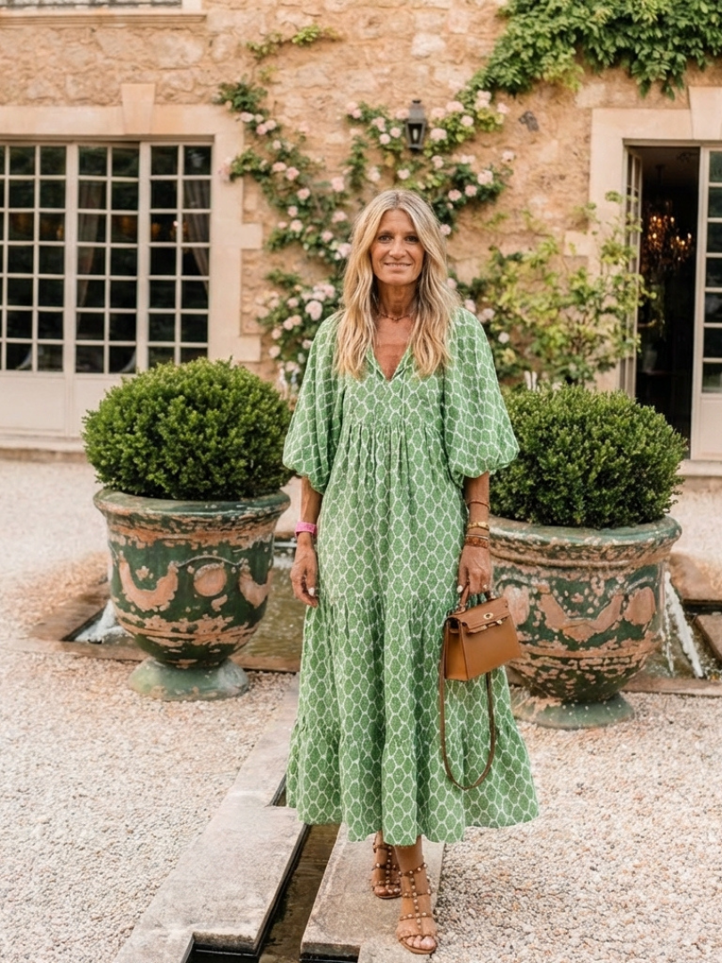 Apolline | Vestito Midi con Scollo a V, Maniche Tre Quarti e Fantasia