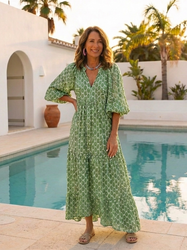 Apolline | Vestito Midi con Scollo a V, Maniche Tre Quarti e Fantasia