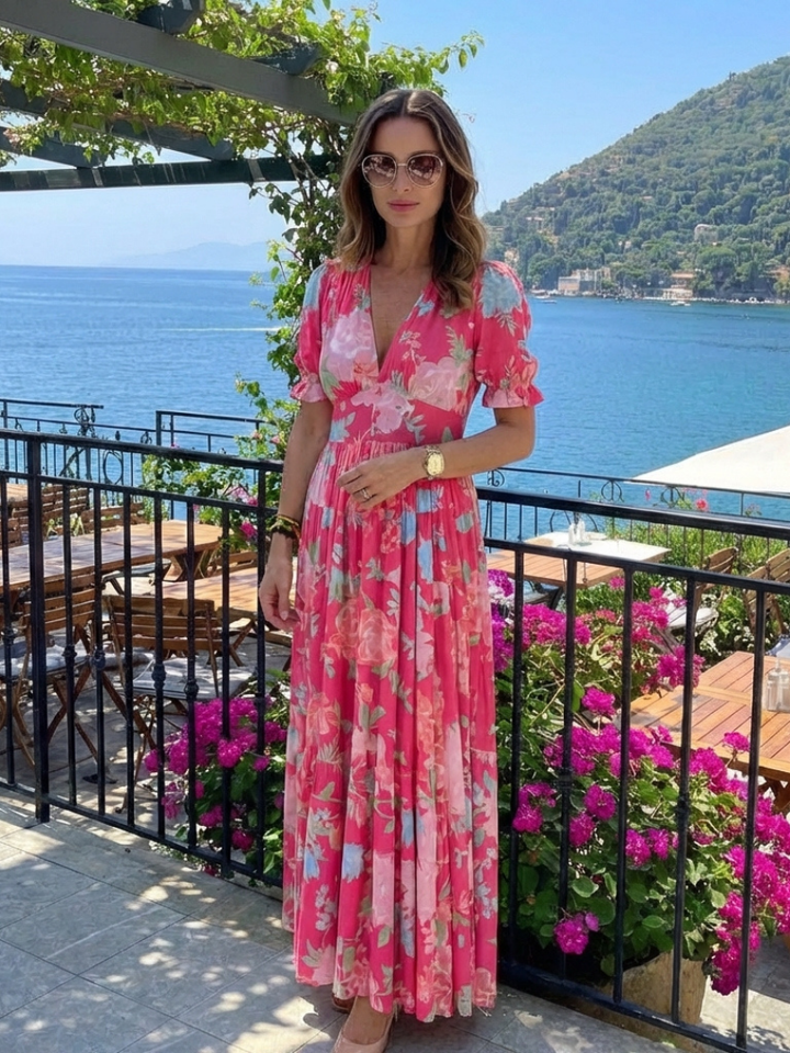 Ione | Abito Midi Floreale a Maniche Corte con Scollo a V