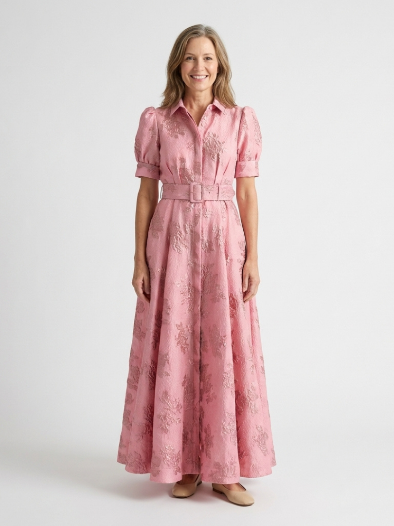 Xanthea | Abito Camicia Maxi Floreale con Texture e Cintura a Manica Corta