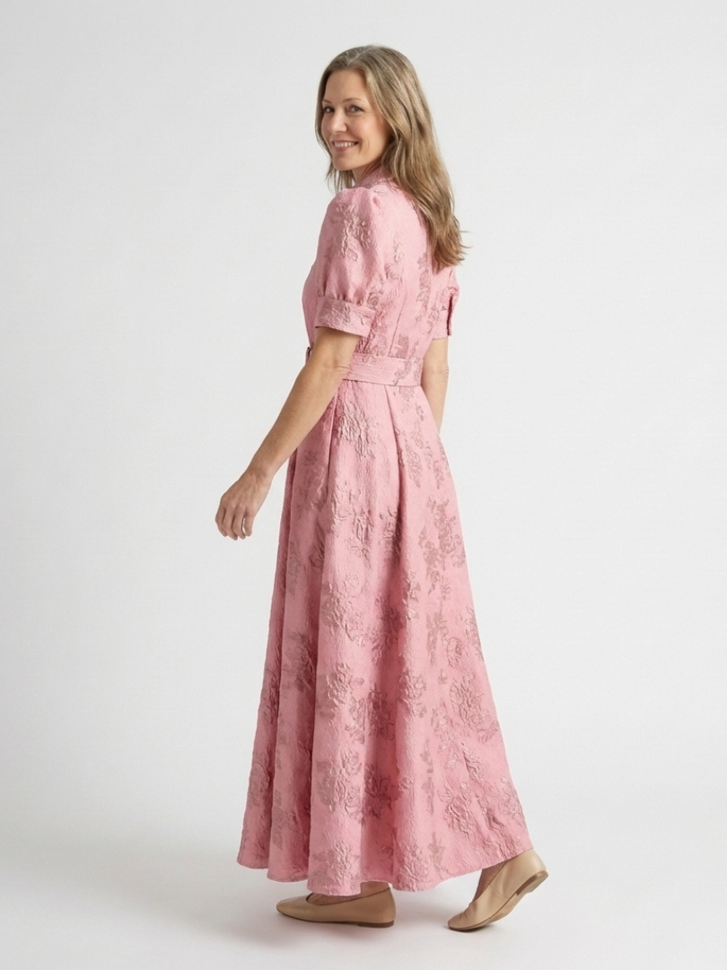 Xanthea | Abito Camicia Maxi Floreale con Texture e Cintura a Manica Corta
