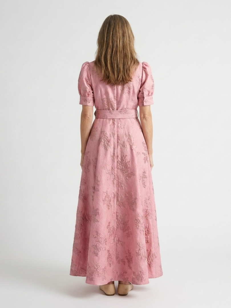 Xanthea | Abito Camicia Maxi Floreale con Texture e Cintura a Manica Corta