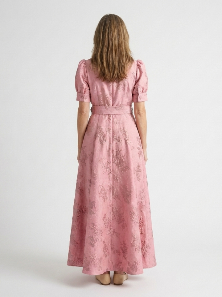 Xanthea | Abito Camicia Maxi Floreale con Texture e Cintura a Manica Corta