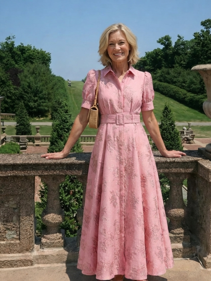Xanthea | Abito Camicia Maxi Floreale con Texture e Cintura a Manica Corta