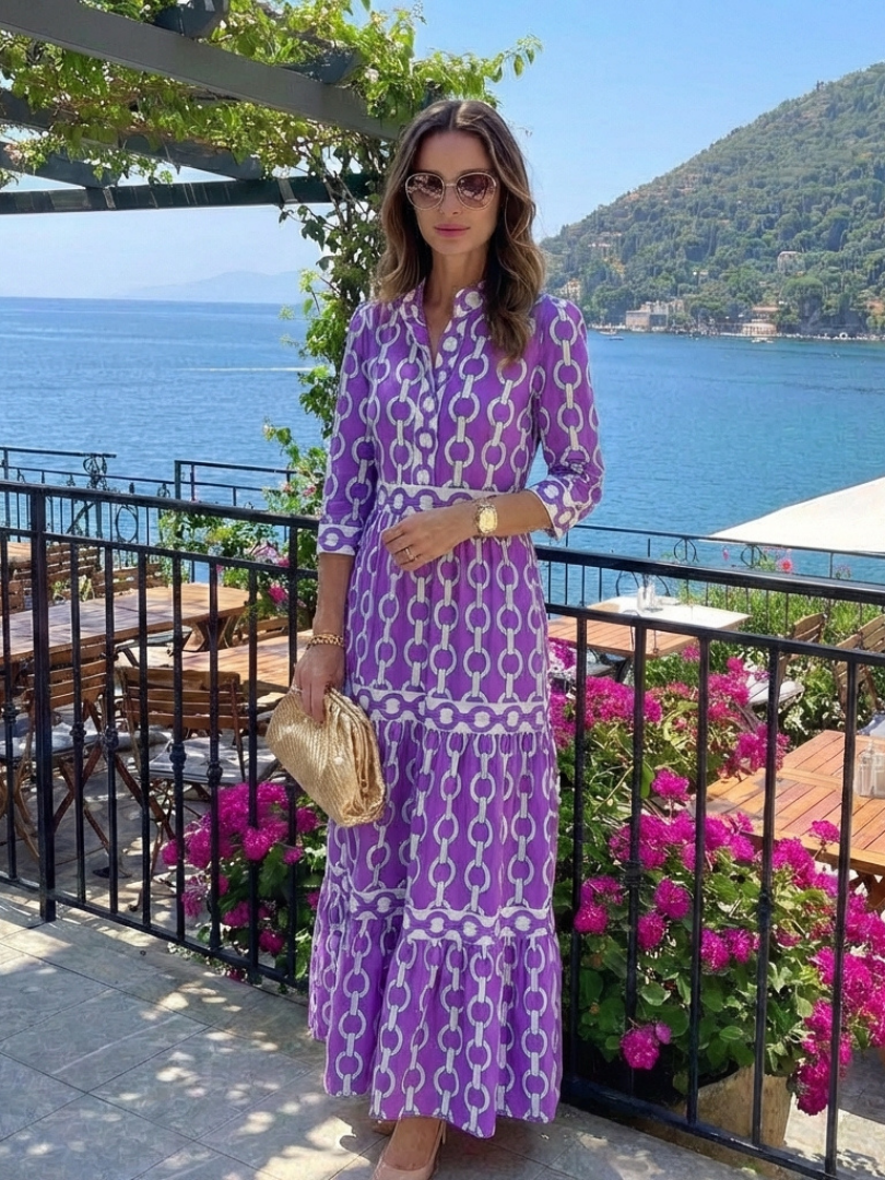 Ysolde | Abito Midi a Maniche Tre Quarti con Pattern a Catena