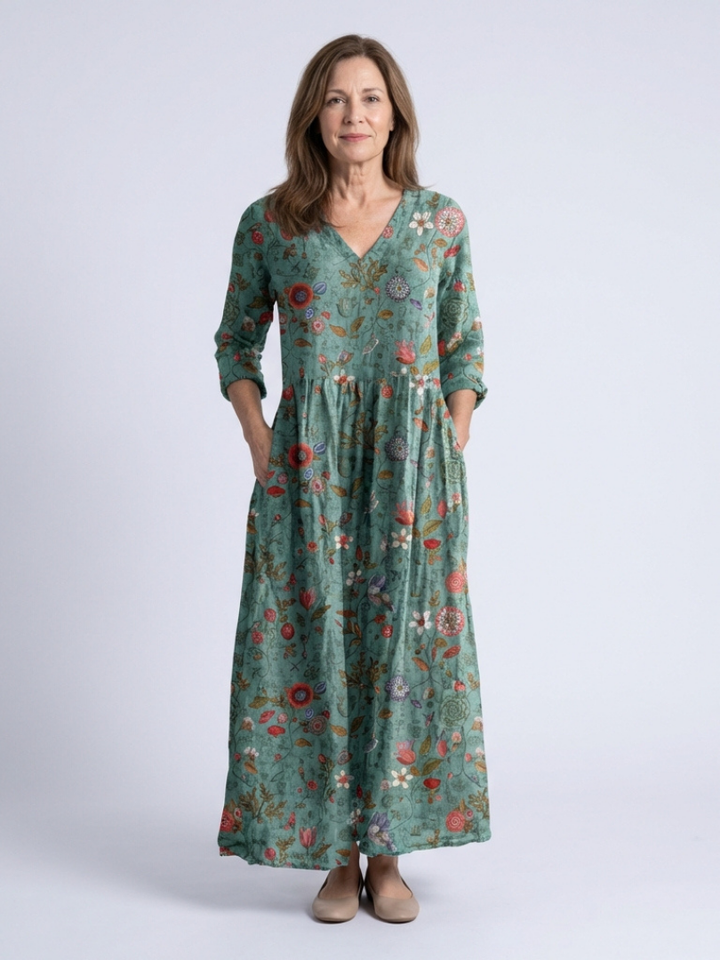 Marina | Vestito Maxi Floreale con Scollo a V e Maniche a Tre Quarti