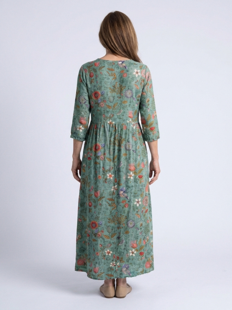 Marina | Vestito Maxi Floreale con Scollo a V e Maniche a Tre Quarti