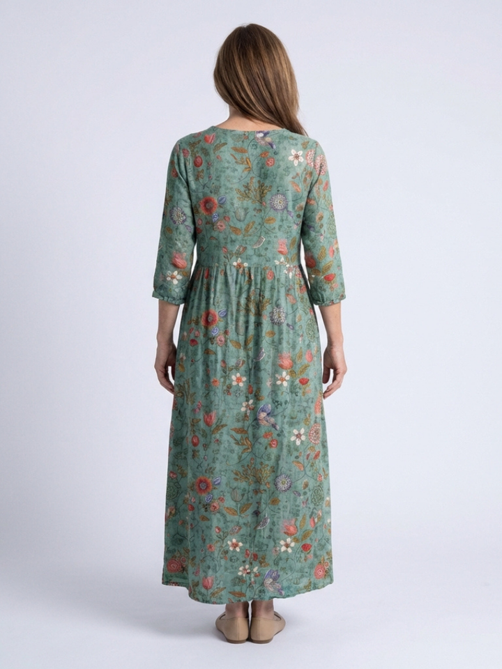 Marina | Vestito Maxi Floreale con Scollo a V e Maniche a Tre Quarti