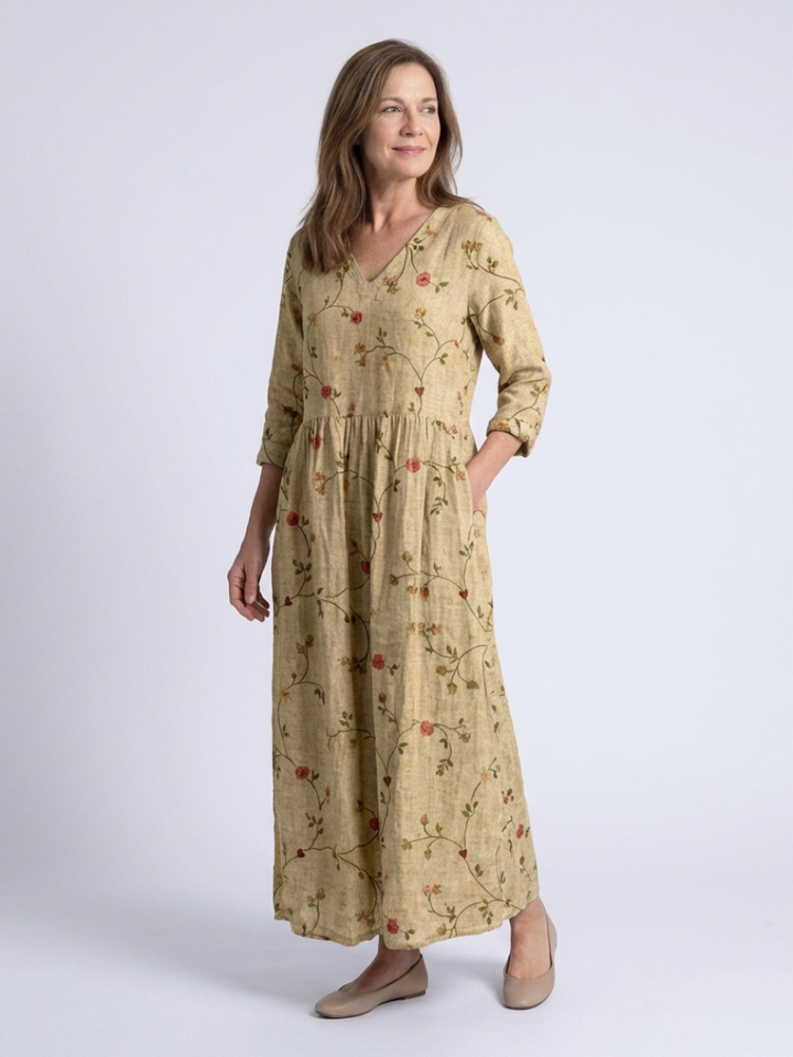 Marina | Vestito Maxi Floreale con Scollo a V e Maniche a Tre Quarti