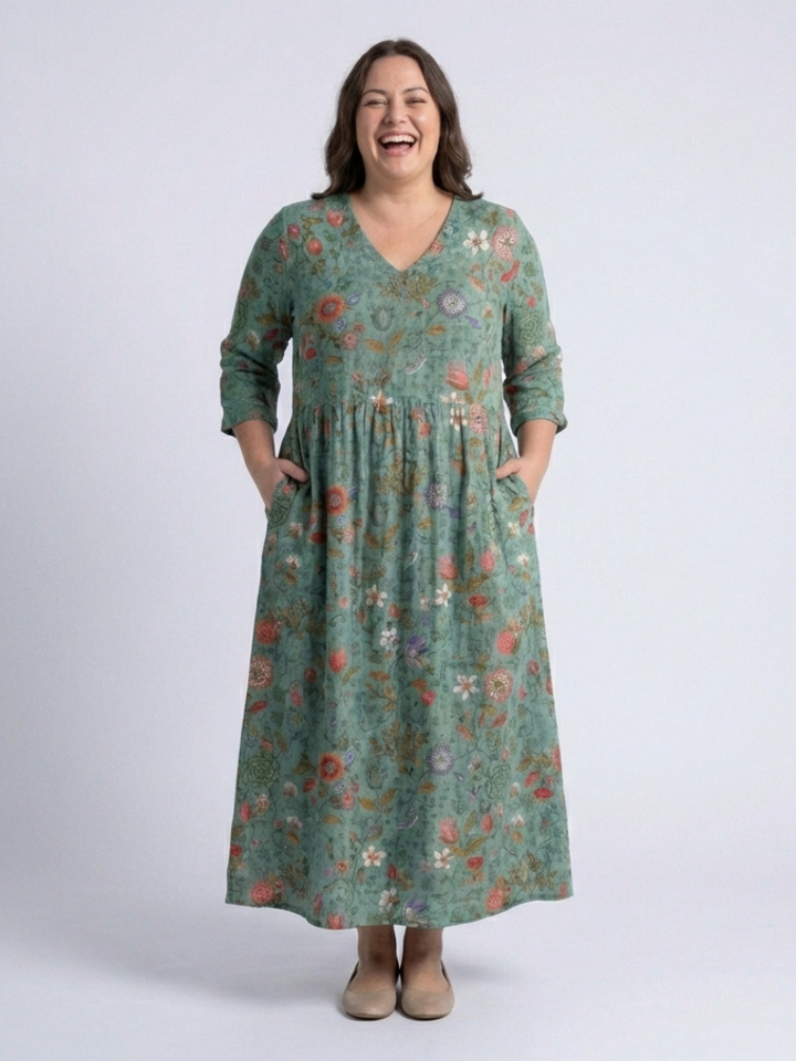 Marina | Vestito Maxi Floreale con Scollo a V e Maniche a Tre Quarti