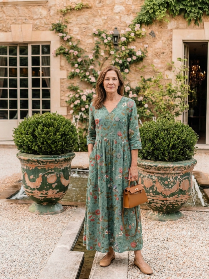 Marina | Vestito Maxi Floreale con Scollo a V e Maniche a Tre Quarti