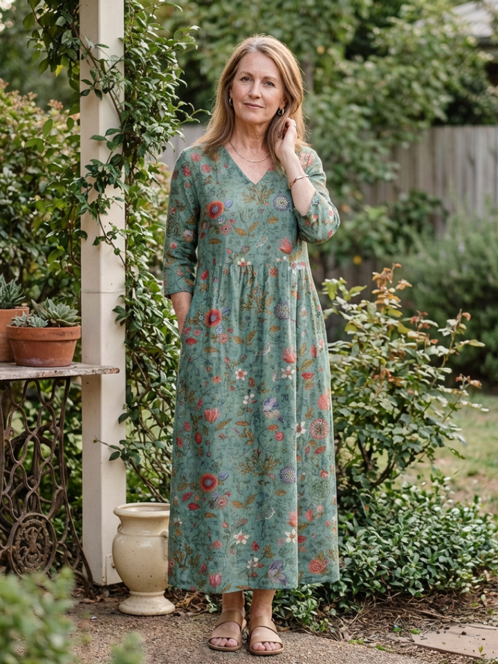 Marina | Vestito Maxi Floreale con Scollo a V e Maniche a Tre Quarti