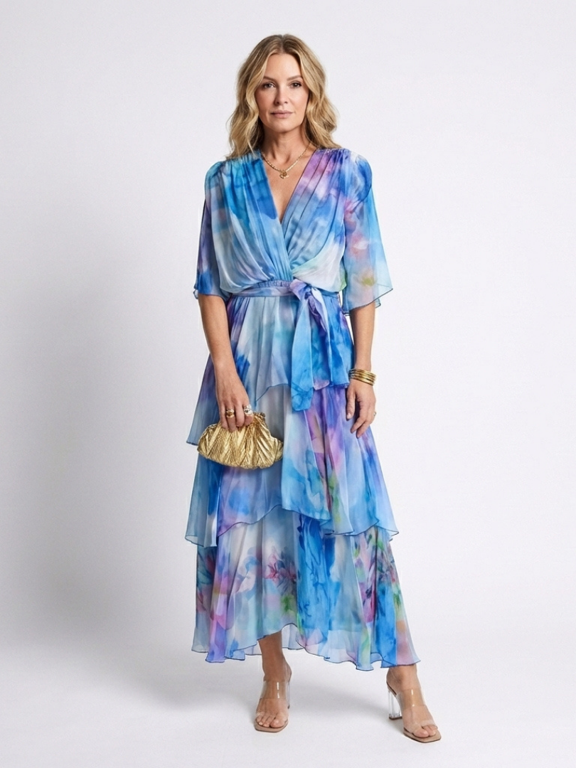 Calista | Abito Maxi Trasparente a Strati con Scollo a V e Vita Legata