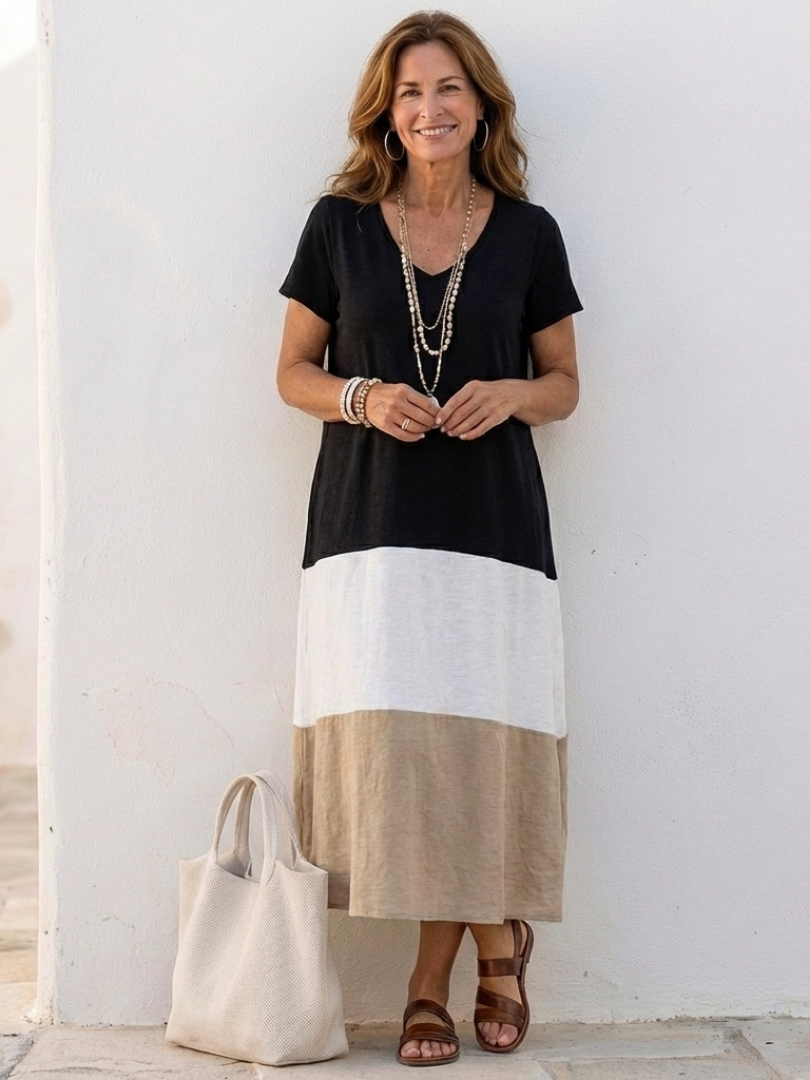 Thalia | Abito Midi a Manica Corta Color Block con Scollo a V