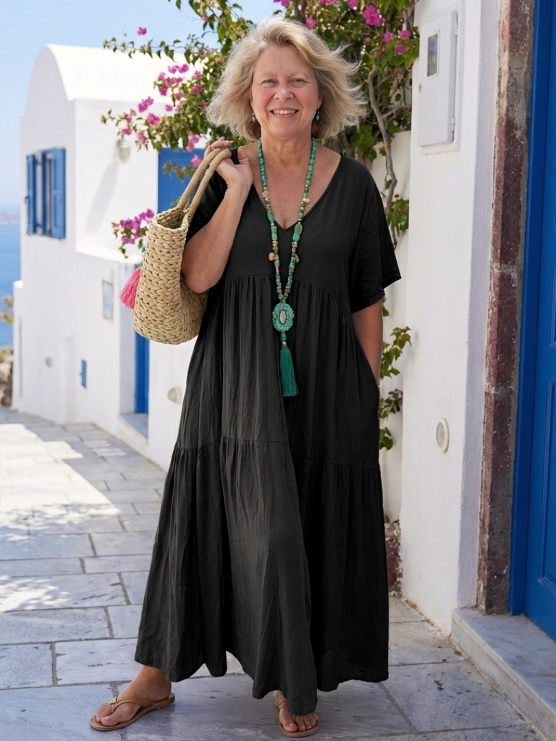 Zinnia | Vestito Maxi Blu a Livelli con Maniche Corte