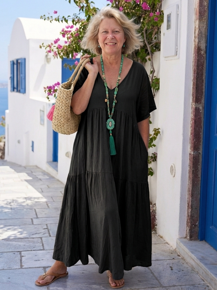 Zinnia | Vestito Maxi Blu a Livelli con Maniche Corte