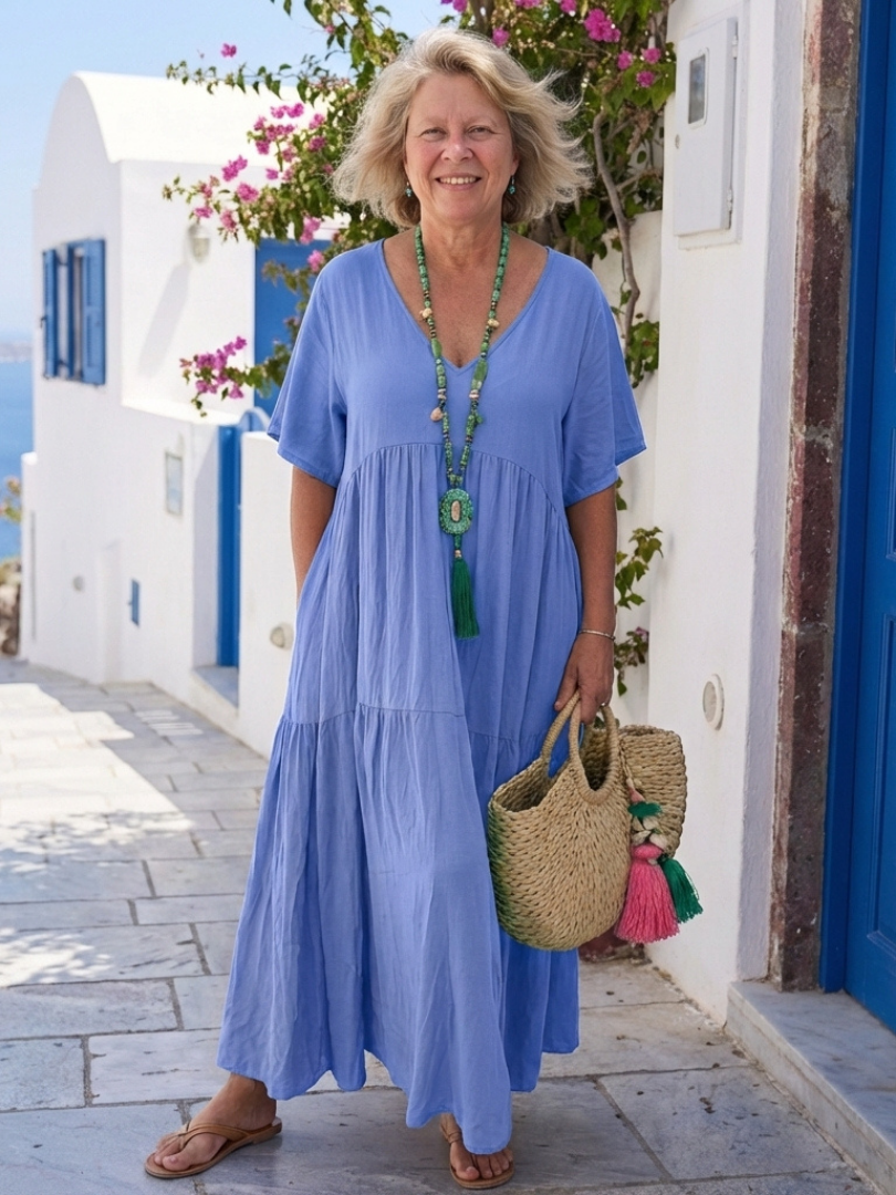 Zinnia | Vestito Maxi Blu a Livelli con Maniche Corte