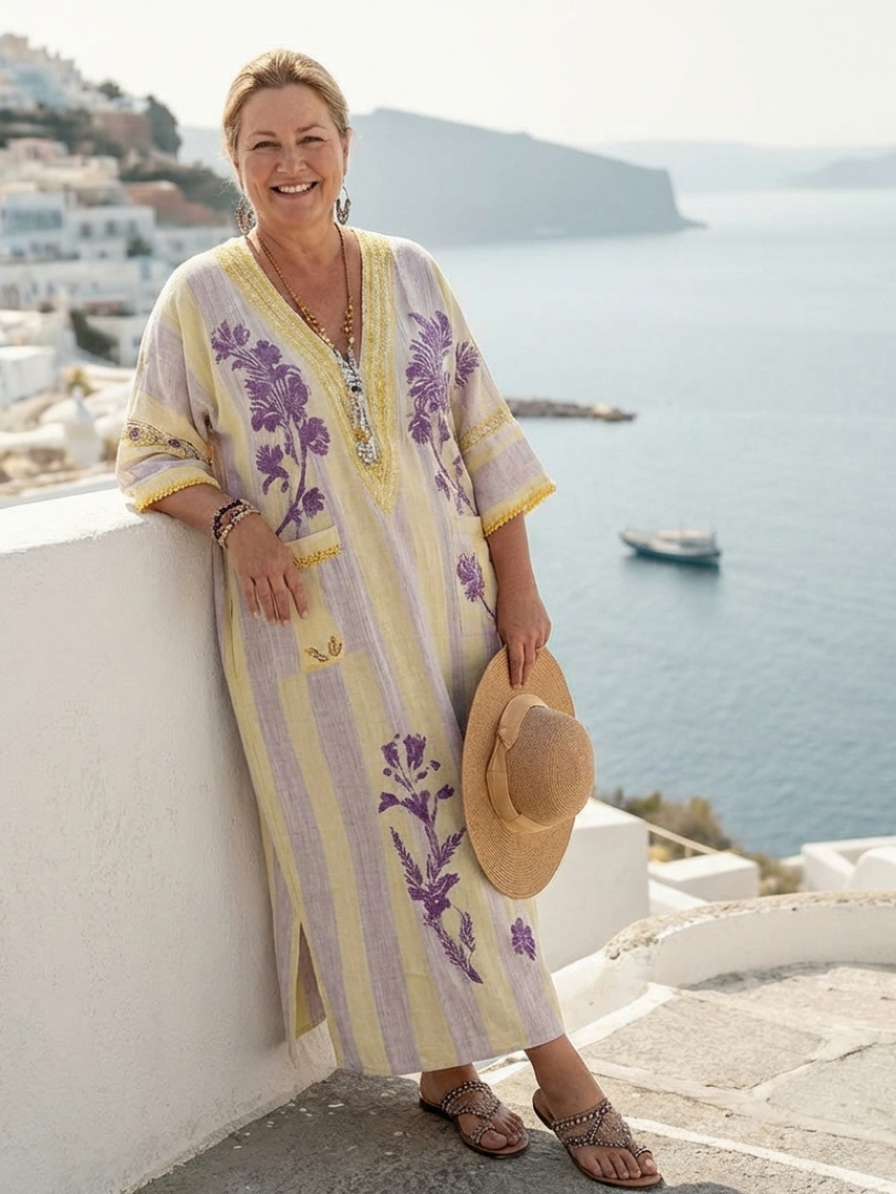 Aurelia | Abito Maxi a Righe Floreale con Scollo a V e Mezza Manica
