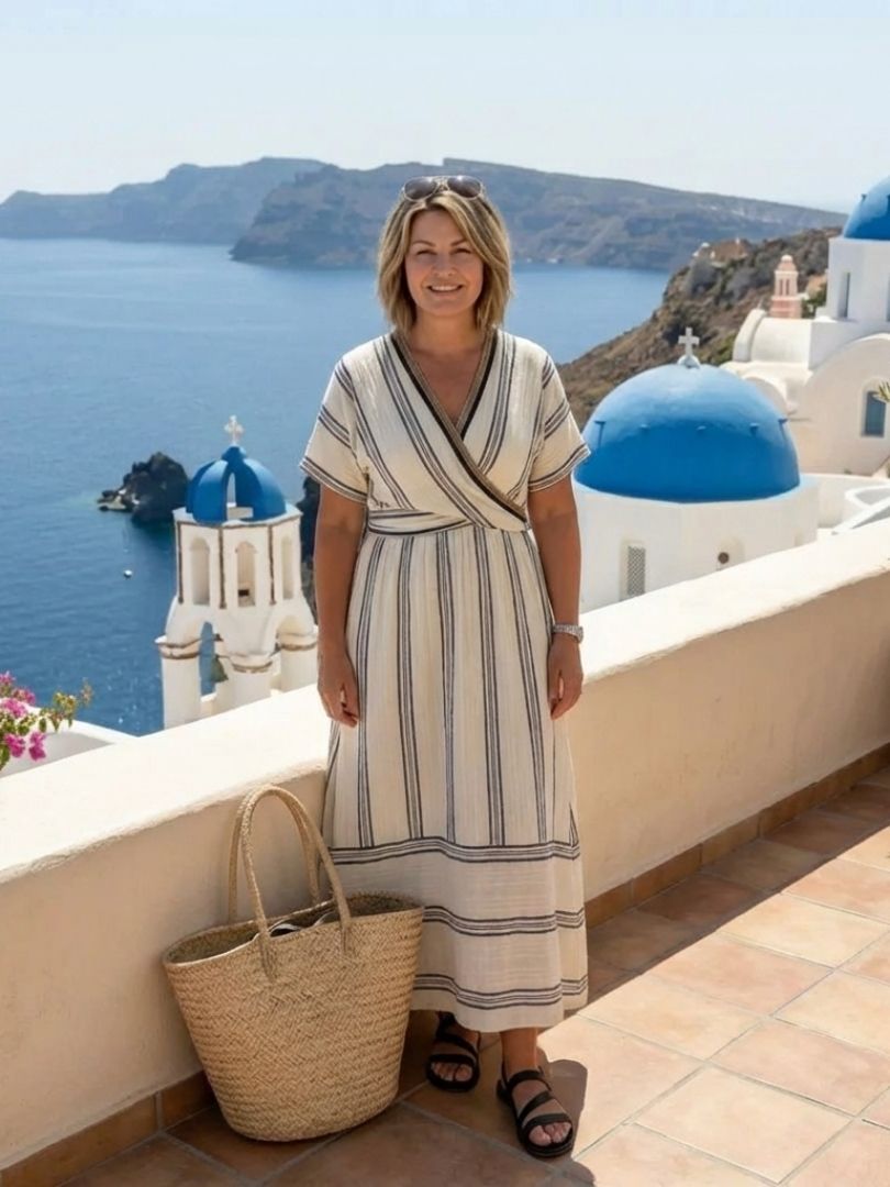 Thalassa | Vestito Midi a Maniche Corte con Scollo a V e Vita a Fascia
