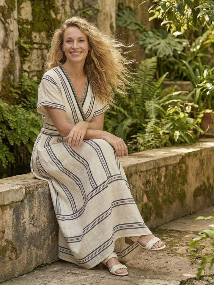 Thalassa | Vestito Midi a Maniche Corte con Scollo a V e Vita a Fascia