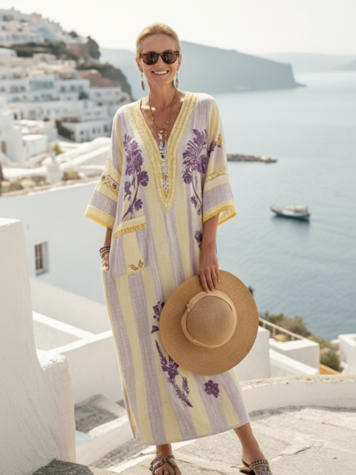Aurelia | Abito Maxi a Righe Floreale con Scollo a V e Mezza Manica