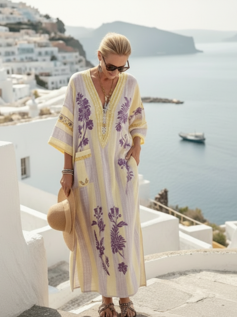 Aurelia | Abito Maxi a Righe Floreale con Scollo a V e Mezza Manica