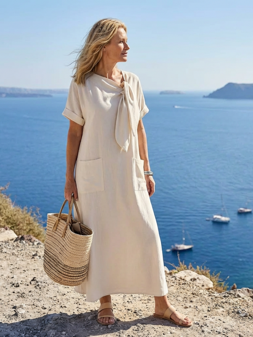Elowyn | Vestito Maxi a Maniche Corte con Collo Tondo e Tasche