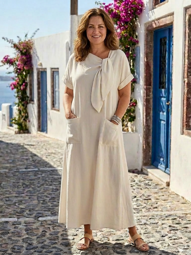 Elowyn | Vestito Maxi a Maniche Corte con Collo Tondo e Tasche