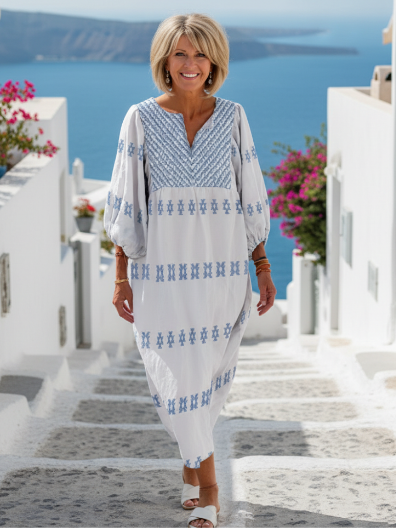 Evadne | Vestito Maxi Ricamato a Maniche Lunghe con Scollo a V