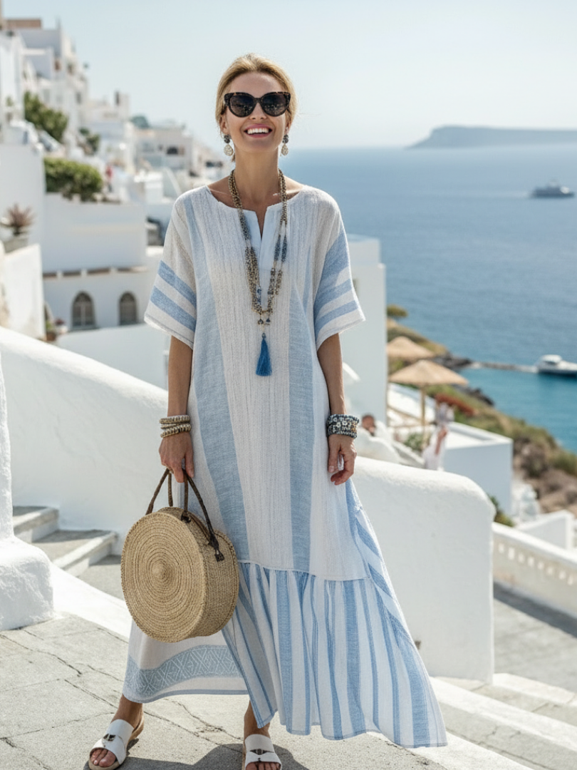 Ione | Abito Maxi a Righe con Scollo Tondo e Maniche Corte