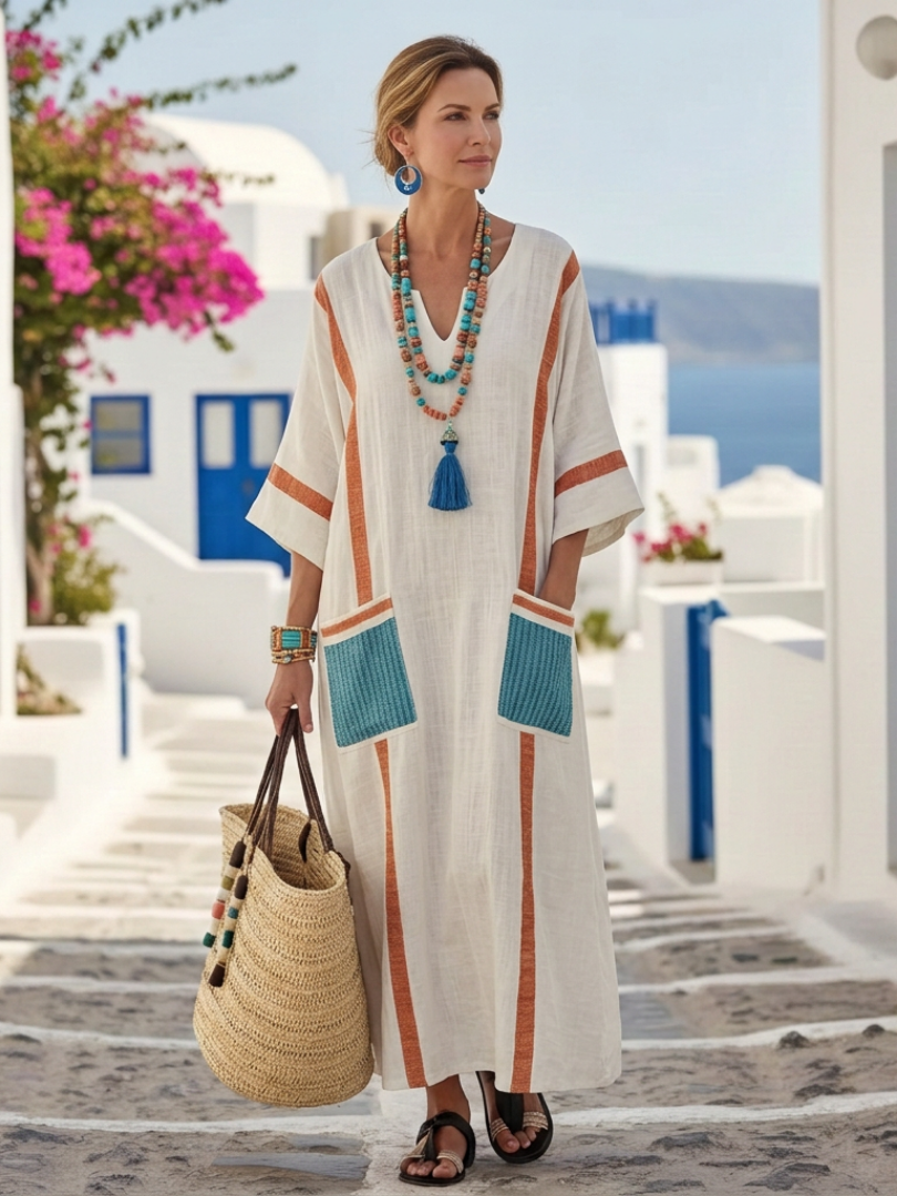 Noemi | Abito Maxi con Scollo a V, Mezze Maniche e Tasche