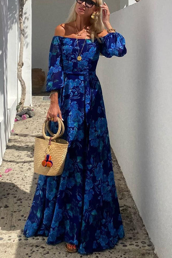 Francesca - Abito Lungo con Stampa Floreale e Maniche a Spalla Scoperta