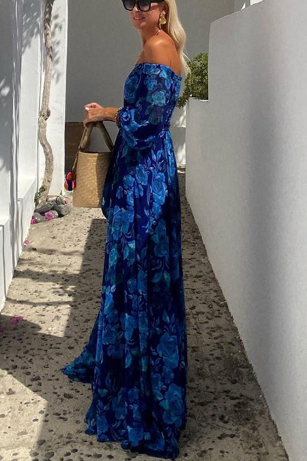 Francesca - Abito Lungo con Stampa Floreale e Maniche a Spalla Scoperta