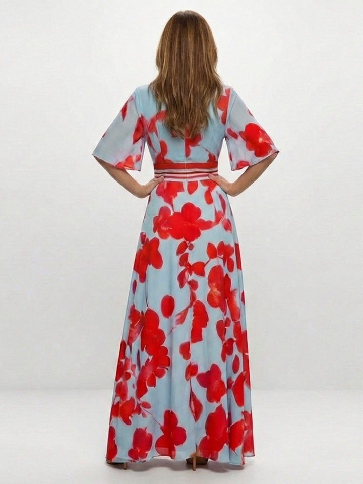 Corinne | Vestito Maxi Floreale con Scollo a V e Maniche Corte