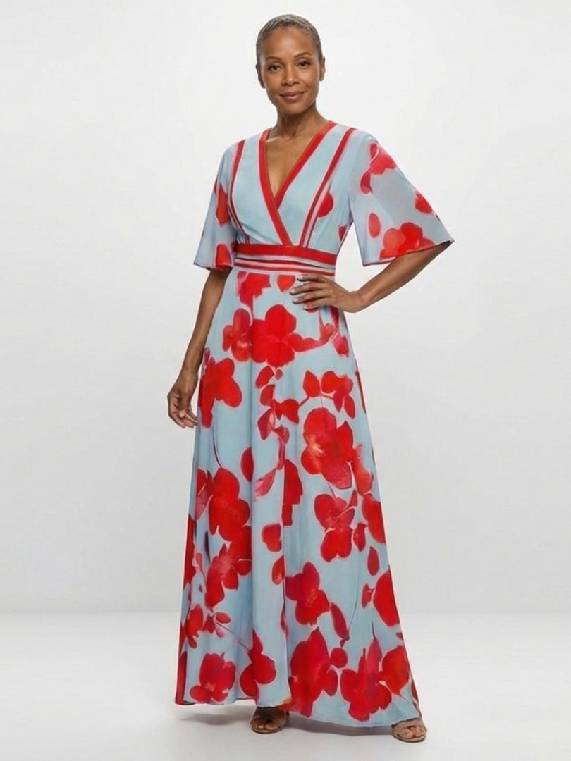 Corinne | Vestito Maxi Floreale con Scollo a V e Maniche Corte