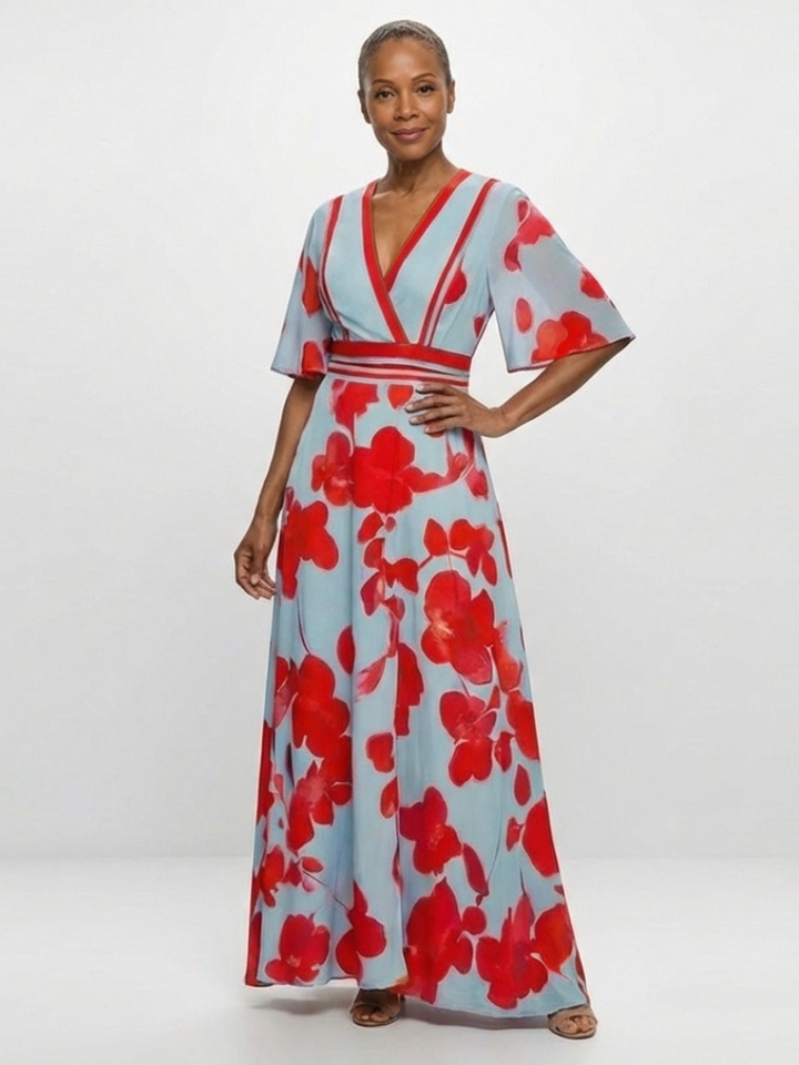 Corinne | Vestito Maxi Floreale con Scollo a V e Maniche Corte
