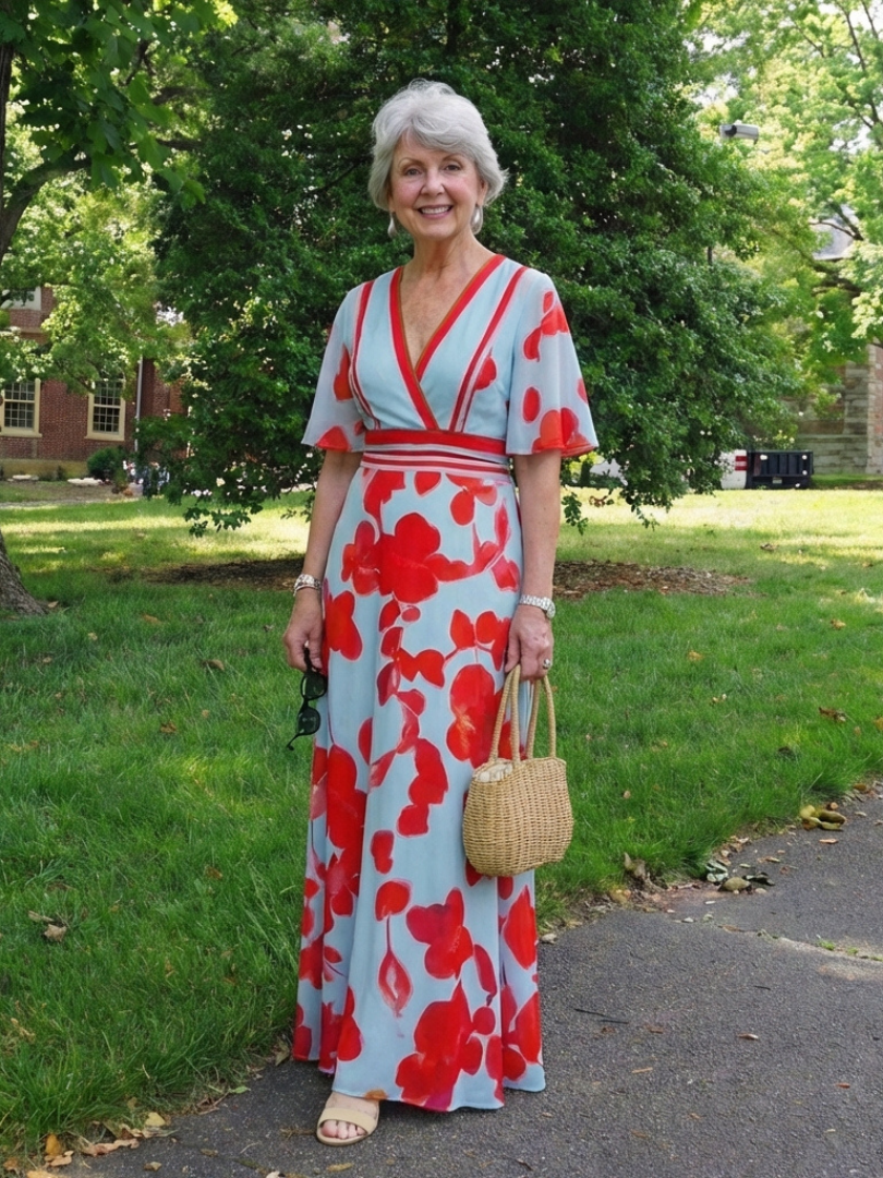 Corinne | Vestito Maxi Floreale con Scollo a V e Maniche Corte