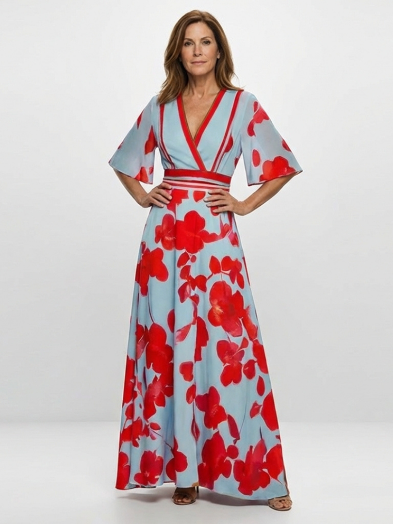 Corinne | Vestito Maxi Floreale con Scollo a V e Maniche Corte