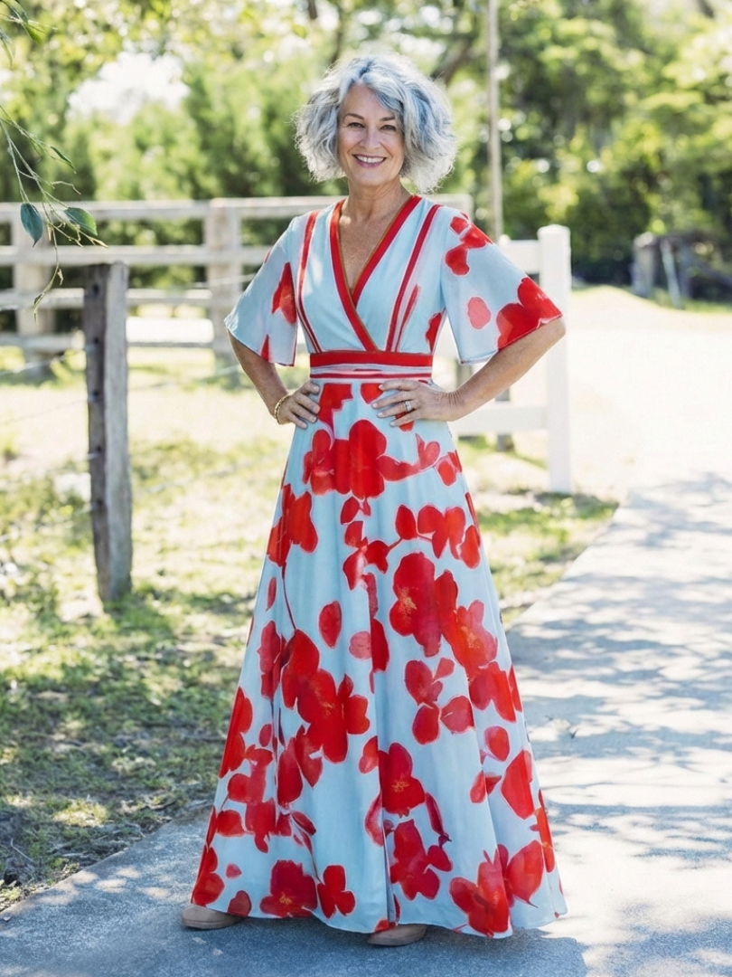Corinne | Vestito Maxi Floreale con Scollo a V e Maniche Corte