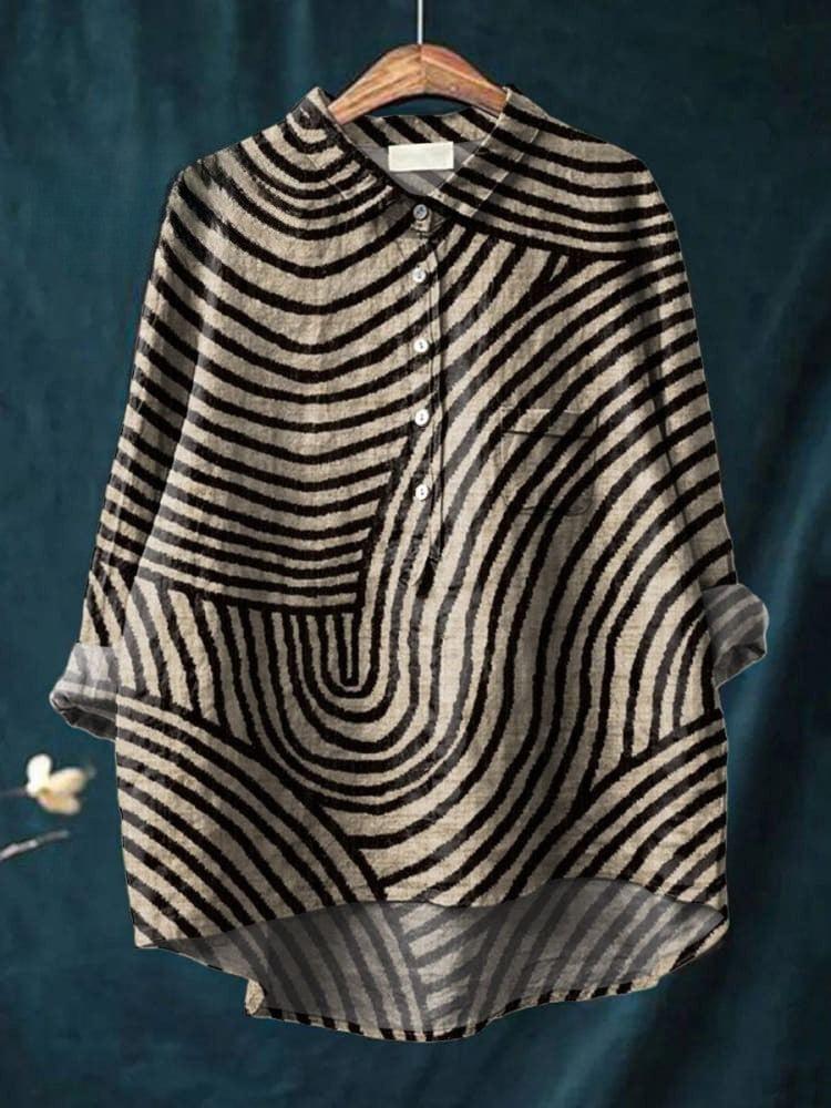 Camicia da Donna in Lino con Motivo Lineare Circolare