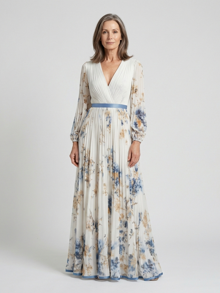 Lavinia | Vestito Maxi Floreale con Scollo a V e Maniche Lunghe