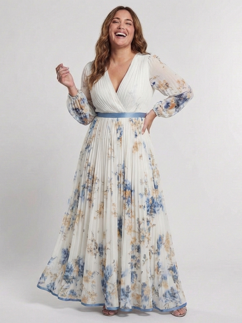 Lavinia | Vestito Maxi Floreale con Scollo a V e Maniche Lunghe