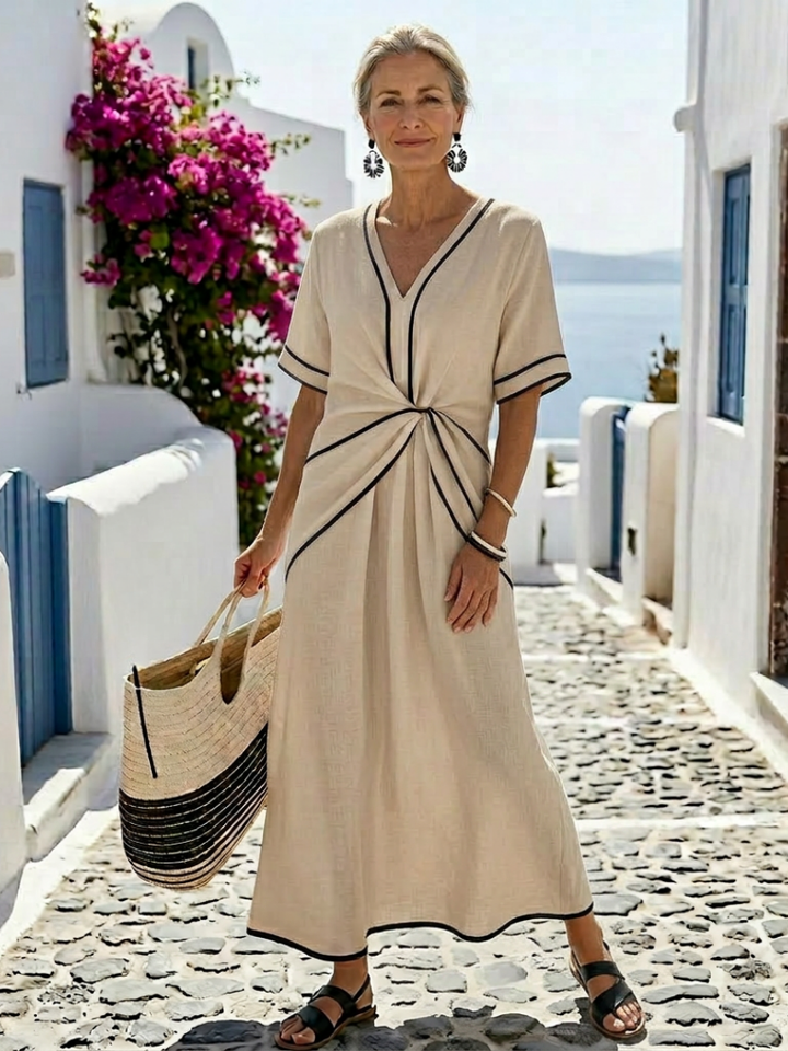 Linnea | Abito Midi con Scollo a V, Maniche Corte e Vita Arricciata