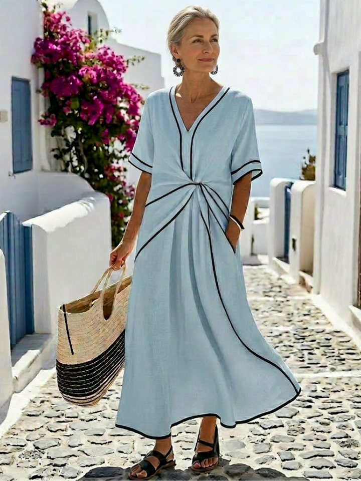 Linnea | Abito Midi con Scollo a V, Maniche Corte e Vita Arricciata