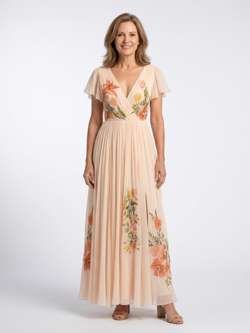 Calista | Abito Maxi Floreale Plissettato a Maniche Corte con Scollo a V