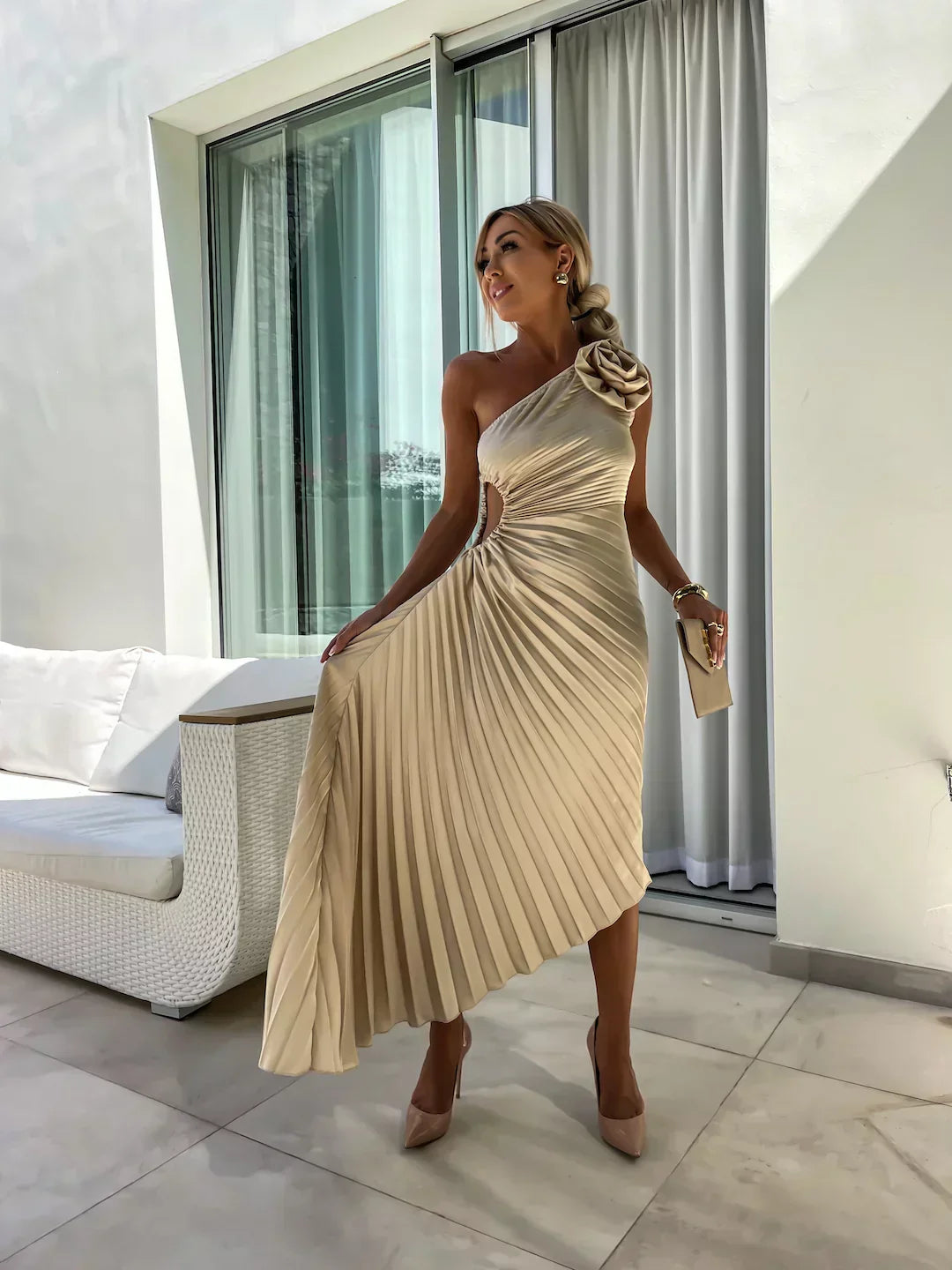 Eya™ | Elegante abito lungo monospalla a fiori
